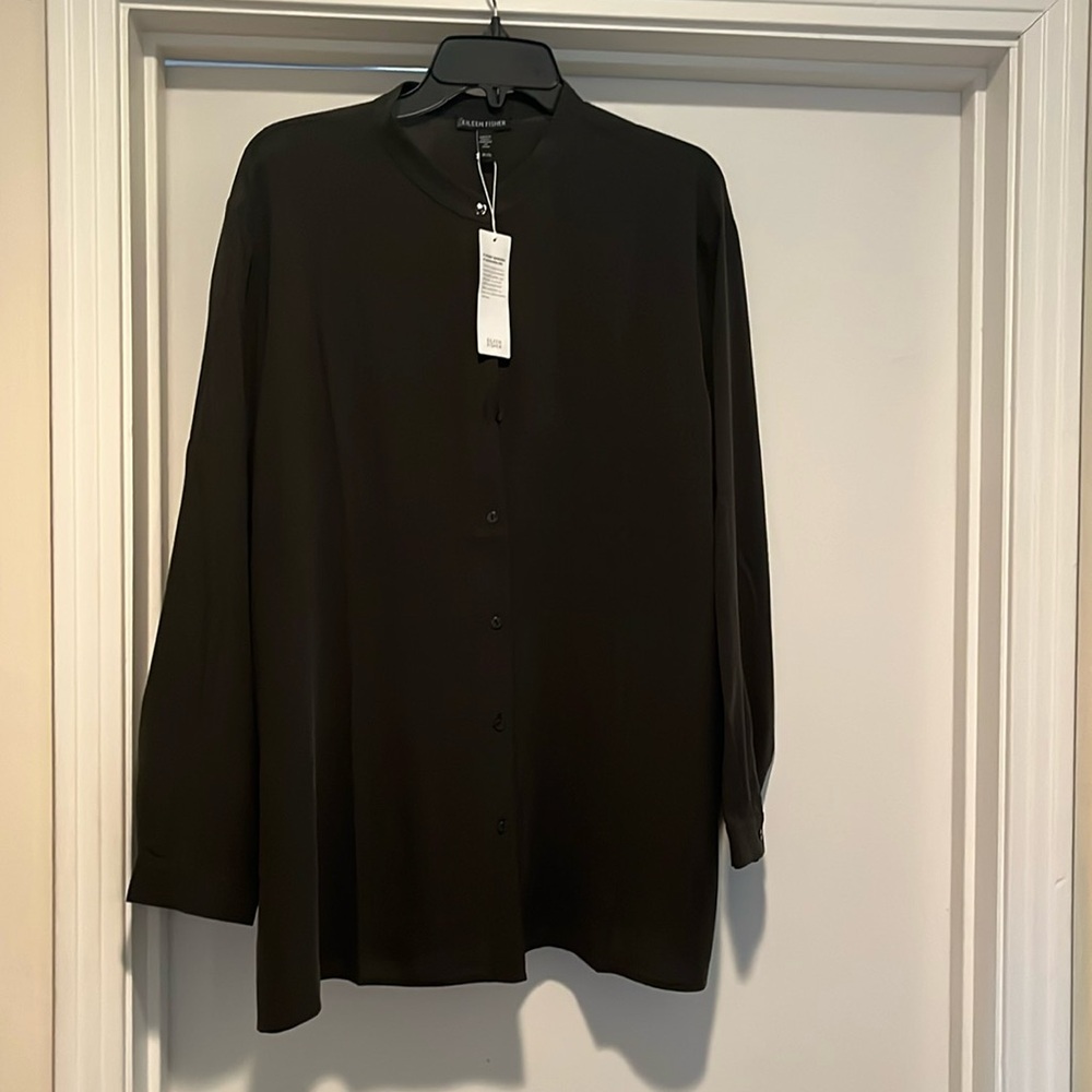 Eileen Fisher mandarin collar silk crepe LS blouse- color is woodland.  NWT